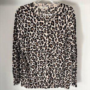 Loft Plus Beige Tan Black Leopard Print Lightweight Button Knit Sweater 16/18
